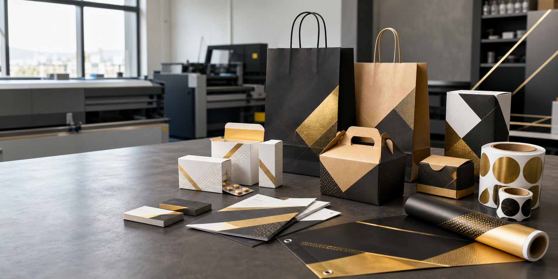 Papelería corporativa, etiquetas y cajas producidas para empresas