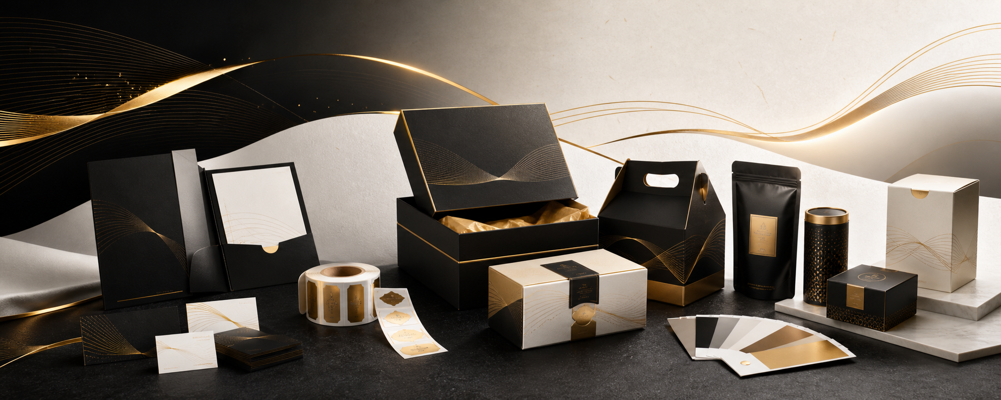 Cajas, etiquetas y papelería comercial elegante en colores negro, dorado y blanco