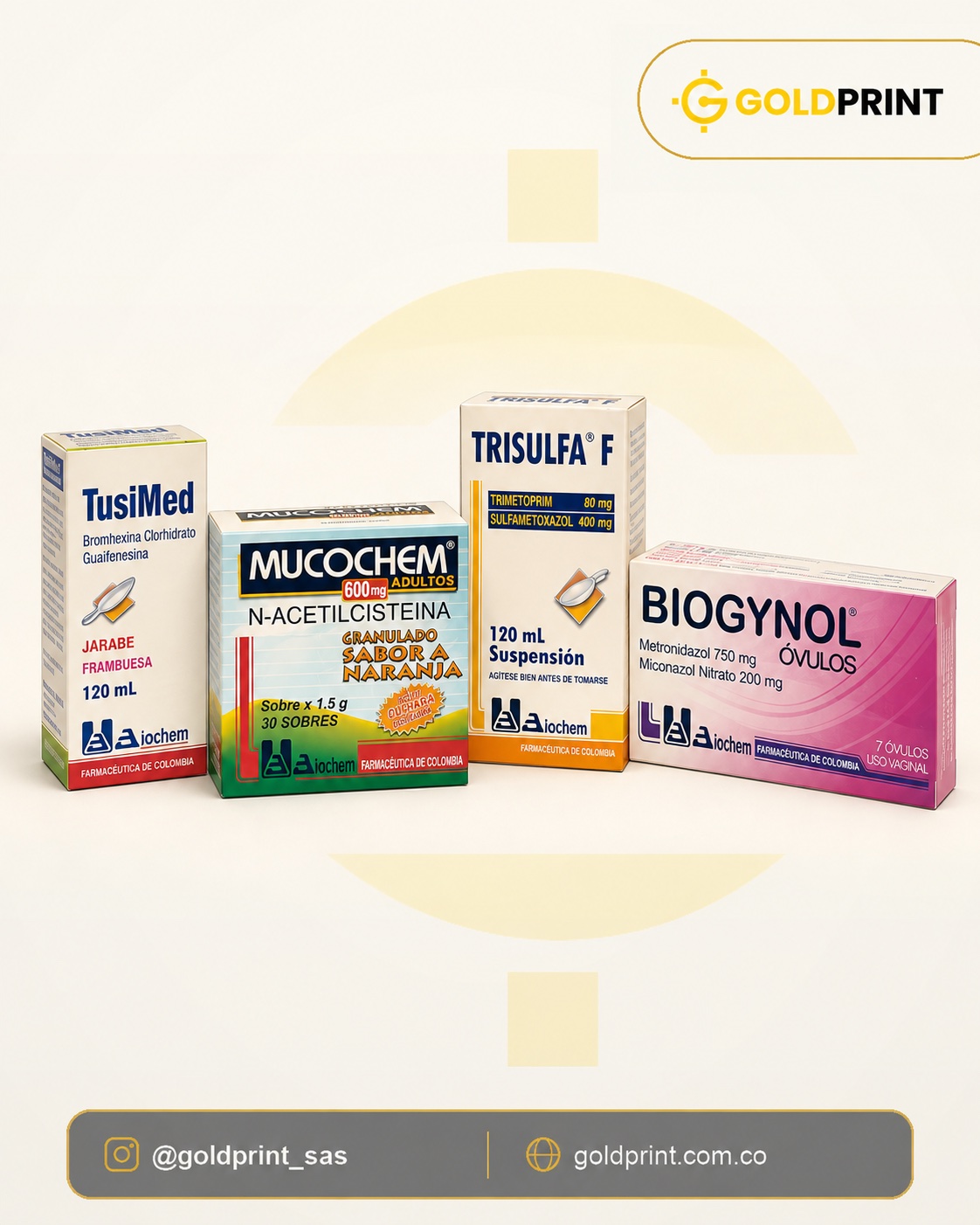 Cajas impresas para medicamentos TusiMed, Mucochem, Trisulfa F y Biogynol